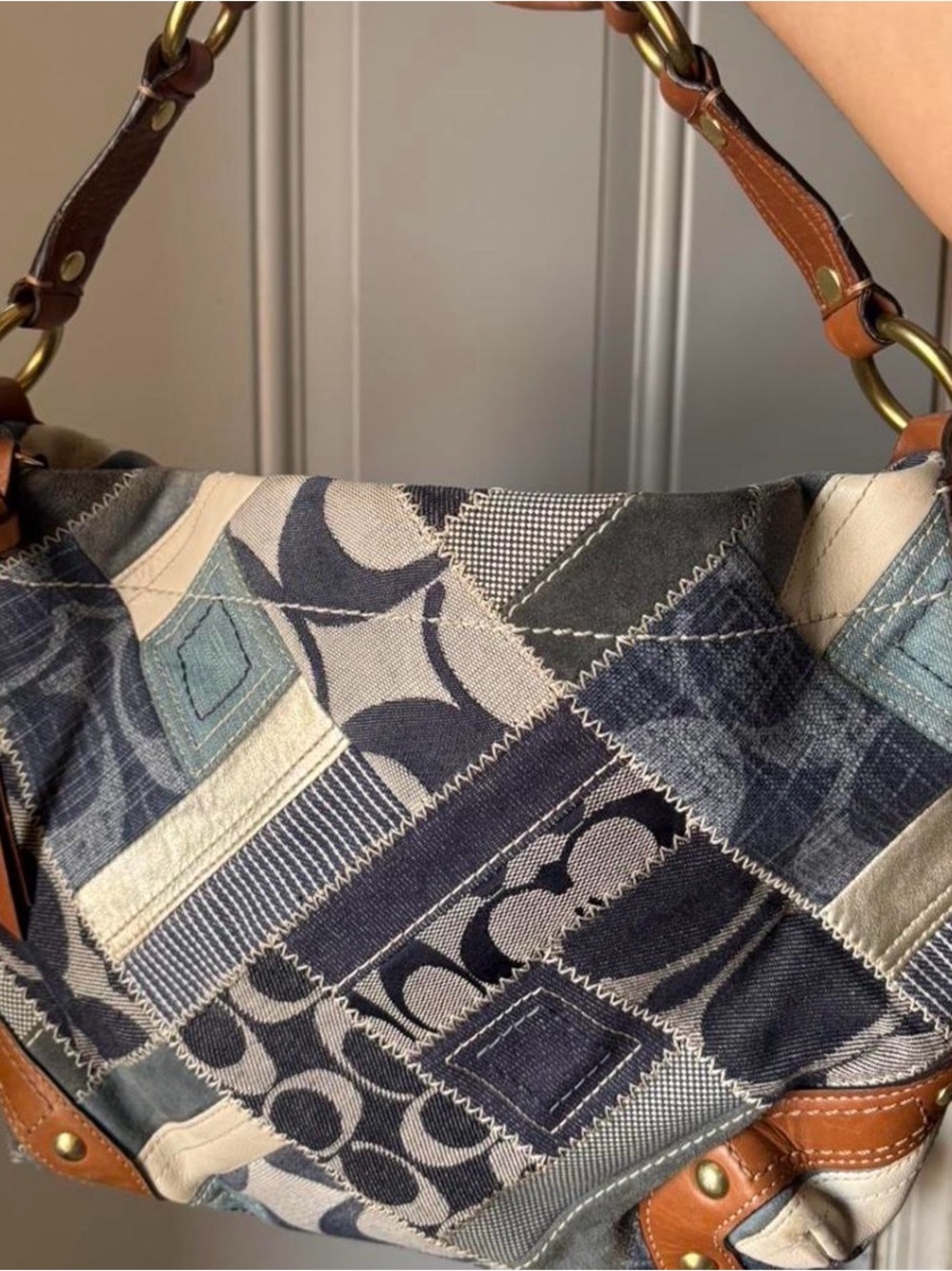 Coach Patchwork Shoulder Bag in Navy, Cream & Brown